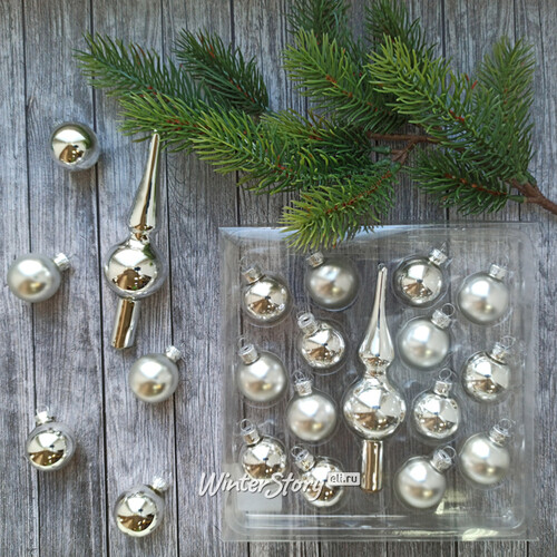Набор стеклянных шаров с верхушкой для настольной елки Классика серебряный, 15 шт Kaemingk