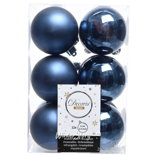 Набор пластиковых шаров Синий Бархат 6 см, 12 шт, mix Winter Deco