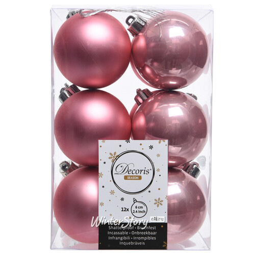 Набор пластиковых шаров Благородный Розовый 6 см, 12 шт, mix Kaemingk/Winter Deco
