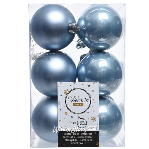 Набор пластиковых шаров Голубой Шелк 6 см, 12 шт, mix Kaemingk/Winter Deco