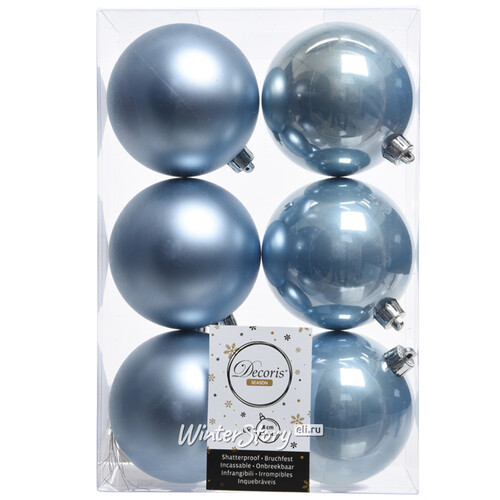 Набор пластиковых шаров Голубой Шелк 8 см, 6 шт, mix Kaemingk/Winter Deco