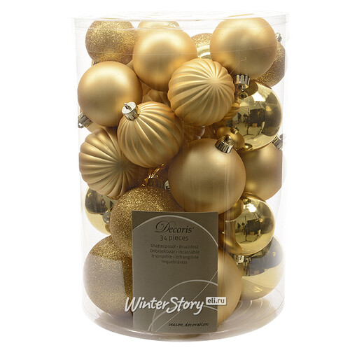 Набор пластиковых шаров Grande Collection - Золотой 34 шт, mix Kaemingk