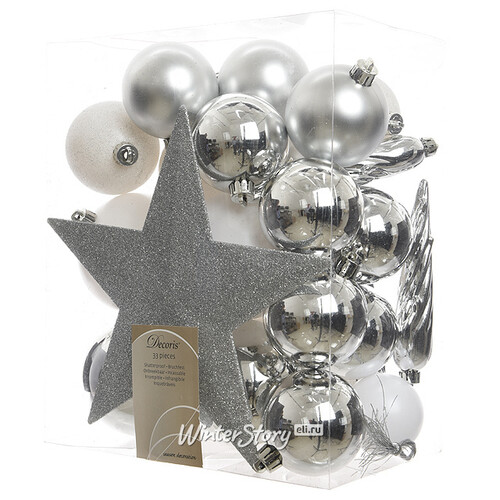 Набор елочных шаров с верхушкой Зимний Дуэт 33 предмета, белый с серебром Kaemingk