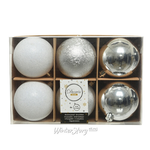 Набор пластиковых шаров Celebration 8 см серебряный с белым, 6 шт Kaemingk