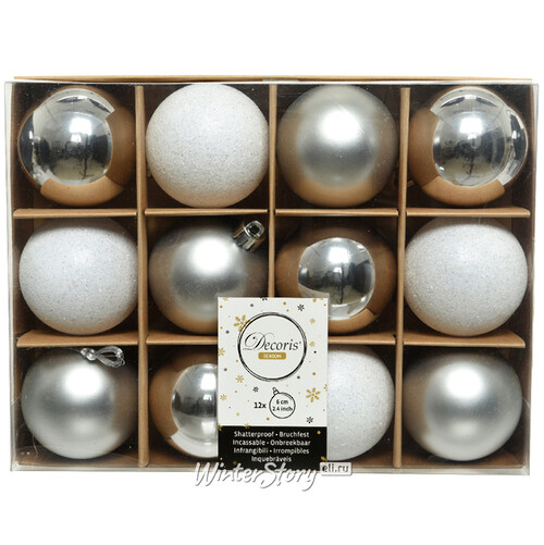 Набор пластиковых шаров Celebration 6 см серебряный с белым, 12 шт Kaemingk
