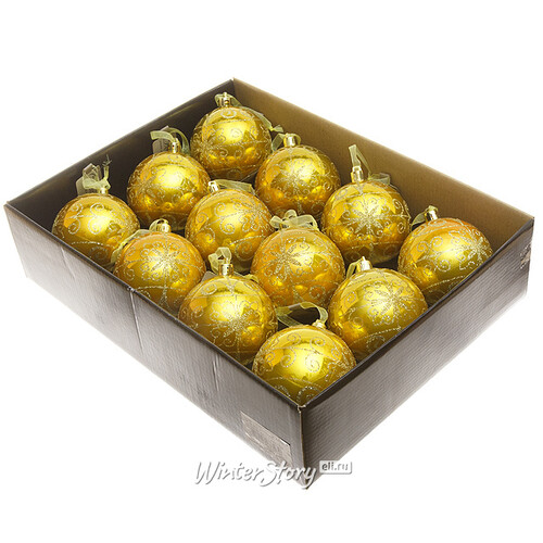 Набор пластиковых шаров Французское Кружево 8 см золотой, 12 шт Kaemingk