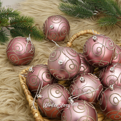 Набор пластиковых шаров Блестящий Пируэт 8 см розовый бархат, 12 шт Kaemingk