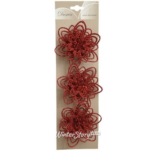Декоративный цветок Аделис 10 см, красный, 3 шт, клипса Kaemingk