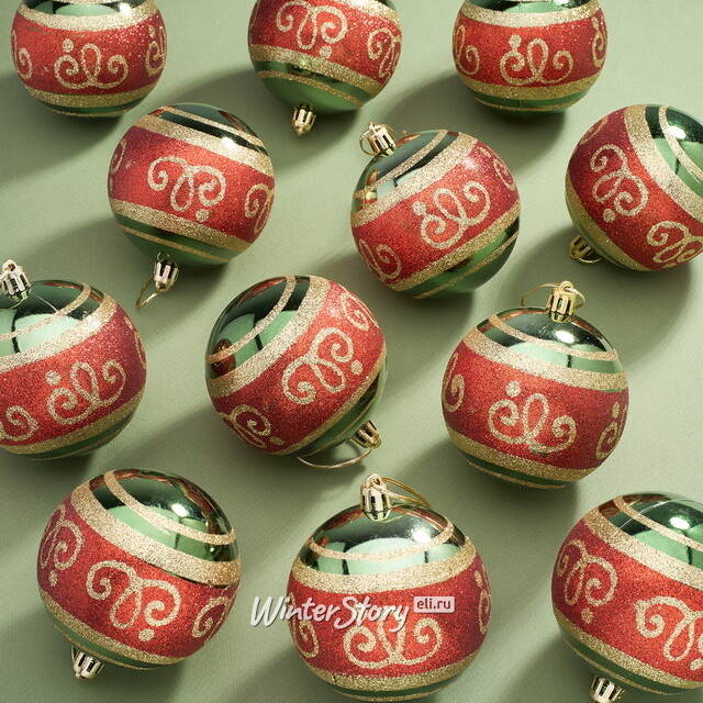 Набор пластиковых шаров Опера 8 см зеленый бархат, 12 шт Kaemingk