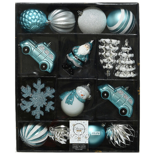 Набор елочных игрушек Новогодняя Сказка 8-12 см, 25 шт, голубой с серебряным, пластик Kaemingk