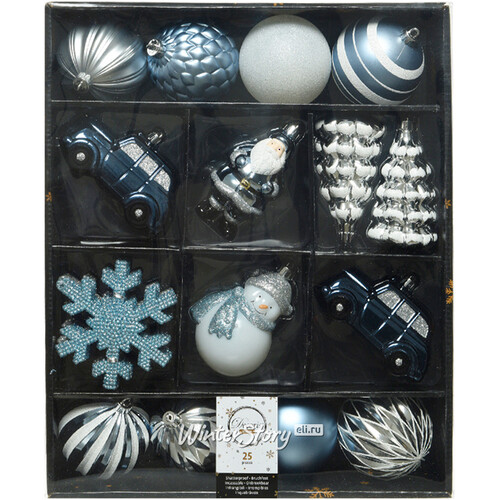 Набор елочных игрушек Новогодняя Сказка 8-12 см, 25 шт, арктический голубой с серебряным, пластик Kaemingk