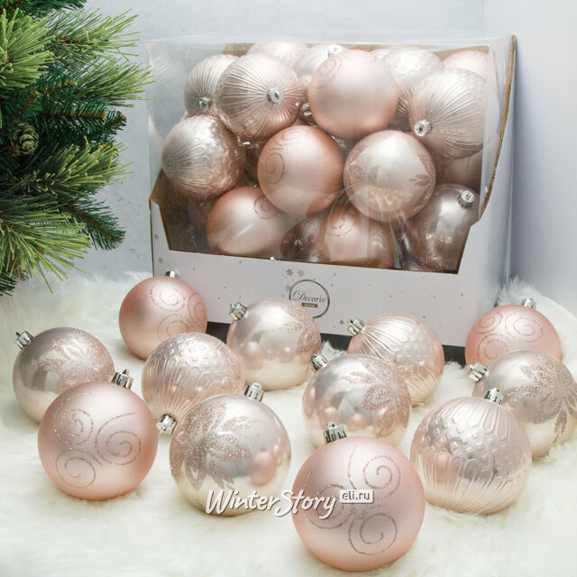 Набор пластиковых шаров Christmas Salute: Розовый Бутон 10 см, 36 шт Kaemingk (Кейминг)