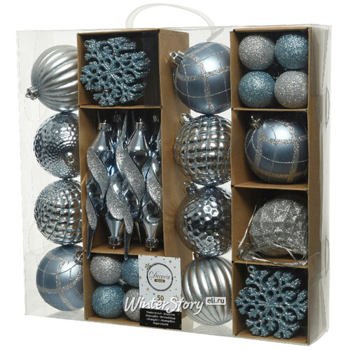 Набор елочных игрушек Glory Brilliance 50 шт голубой с серебром, 5-16 см, пластик Kaemingk