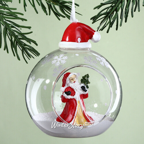 Новогодний шар с композицией Santa's Tale: Дед Мороз с елочкой 8 см, стекло Kaemingk
