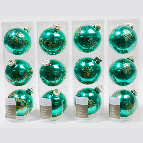 Набор стеклянных елочных шаров Совершенство 7 см изумрудный, 3 шт Kaemingk