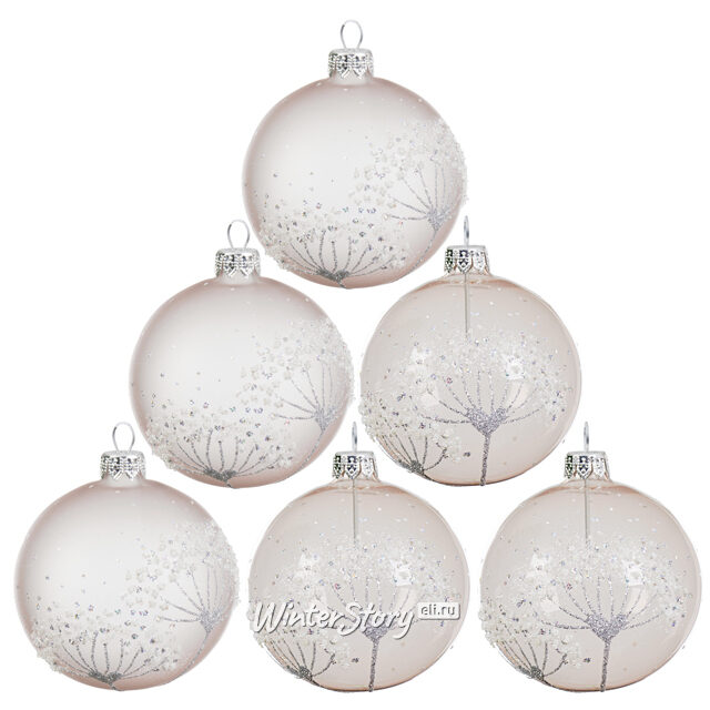 Набор стеклянных шаров Одуванчики 8 см кремовый лен, 6 шт Kaemingk