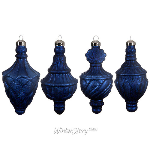 Набор винтажных елочных подвесок Бонжур 13*7 см синий бархат, 4 шт, стекло Kaemingk