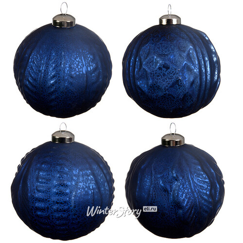 Набор винтажных елочных шаров Бонжур 10 см синий бархат, 4 шт, стекло Kaemingk