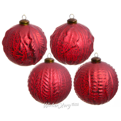 Набор винтажных елочных шаров Бонжур 10 см красный, 4 шт, стекло Kaemingk