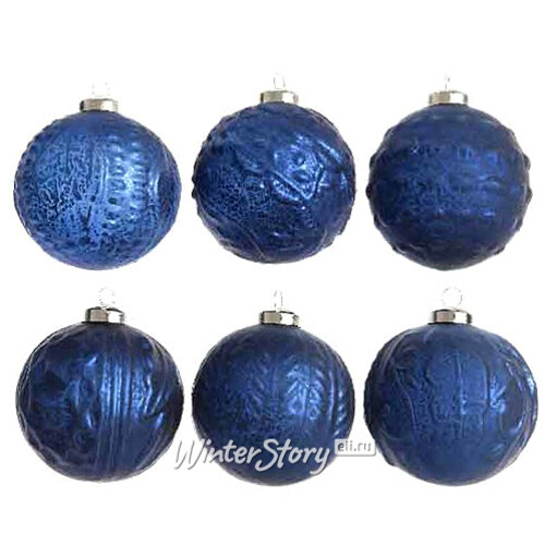 Набор винтажных елочных шаров Бонжур 8 см синий бархат, 6 шт, стекло Kaemingk