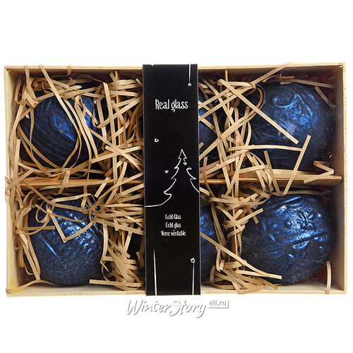 Набор винтажных елочных шаров Бонжур 8 см синий бархат, 6 шт, стекло Kaemingk