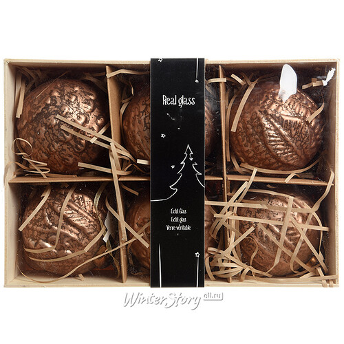 Набор винтажных елочных шаров Бонжур 8 см шоколадный трюфель, 6 шт, стекло Kaemingk