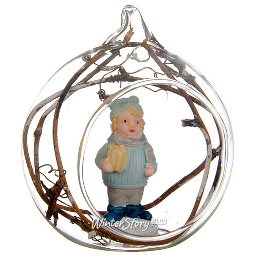 Стеклянный шар с композицией Ретро - Мальчик с Подарком 8 см, подвеска Kaemingk