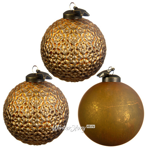 Набор винтажных елочных шаров Буше 8 см золотой, 3 шт, стекло Kaemingk