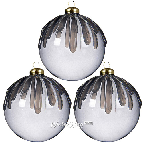 Набор стеклянных шаров Ледяная Капель 8 см серый мрамор, 3 шт Kaemingk