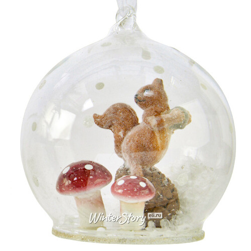 Стеклянный шар с композицией Лесные Забавы - Белка и грибочки 8 см, подвеска Kaemingk