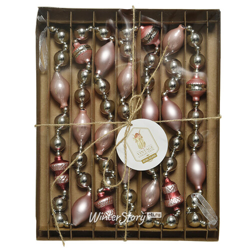 Стеклянные бусы на елку Vintage Christmas: Pink Silver 180 см Kaemingk