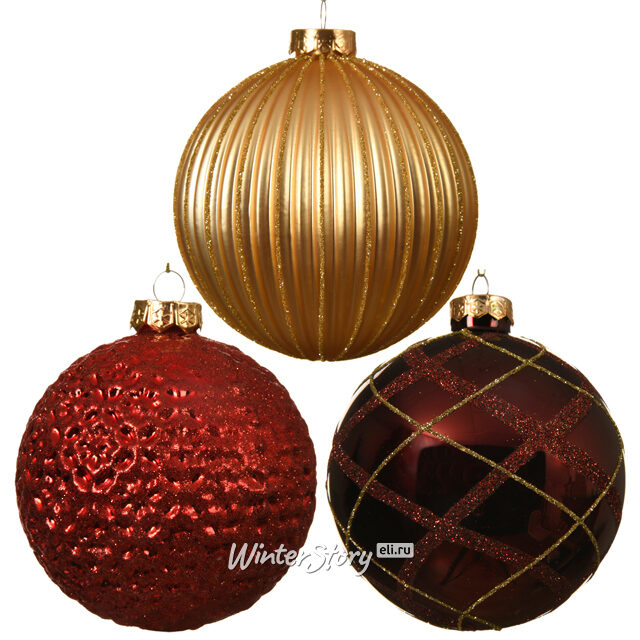 Набор стеклянных шаров Курбевуа 10 см красный с золотым, 12 шт Kaemingk