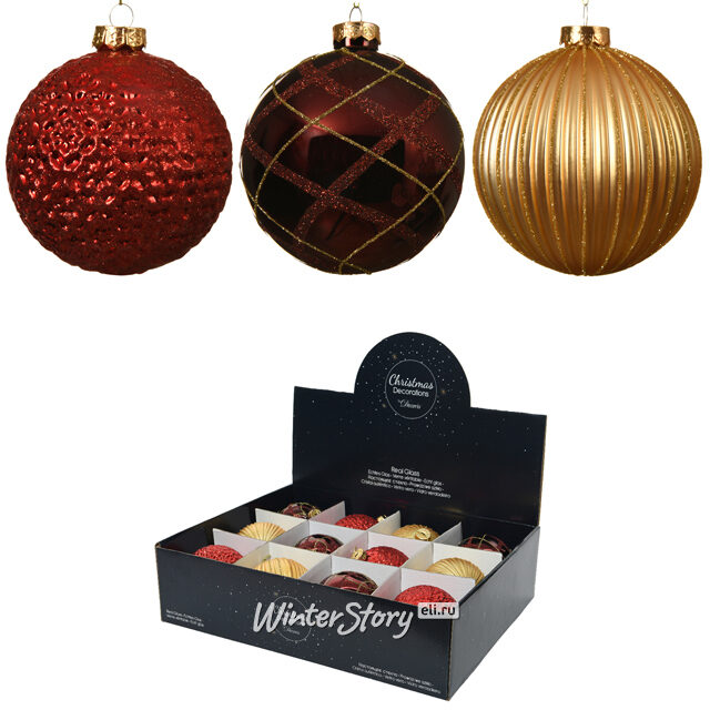 Набор стеклянных шаров Курбевуа 10 см красный с золотым, 12 шт Kaemingk