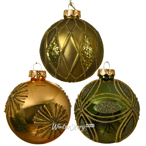 Набор стеклянных шаров Эммануэль 8 см золотисто-зеленый, 12 шт Kaemingk