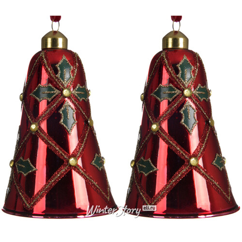 Стеклянная елочная игрушка Колокольчик Настроение Рождества 11 см красный, 2 шт, подвеска Kaemingk
