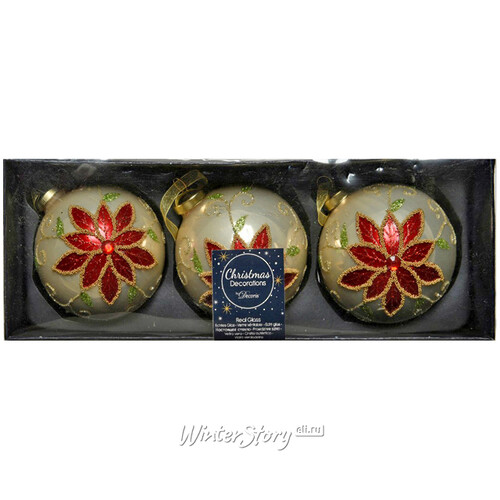 Набор стеклянных шаров Драгоценные Пуансеттии 8 см перламутровый, 2 шт, уцененный Kaemingk