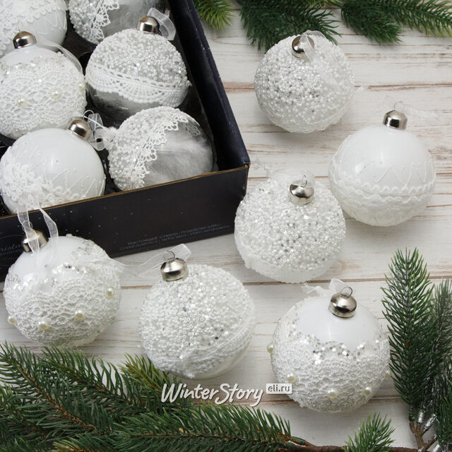 Набор стеклянных шаров Белоснежные Кружева 8 см, 12 шт Kaemingk