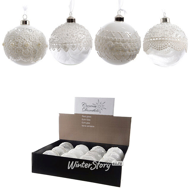 Набор стеклянных шаров Белоснежные Кружева 8 см, 12 шт Kaemingk