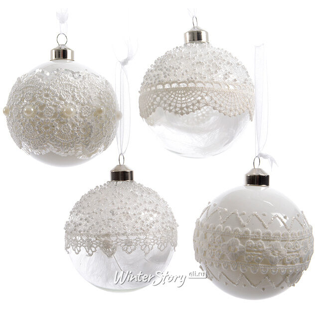 Набор стеклянных шаров Белоснежные Кружева 8 см, 12 шт Kaemingk