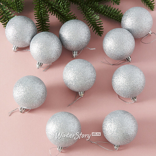 Набор пластиковых шаров Liberty 6 см, 10 шт, серебряный с блестками Winter Deco