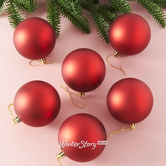 Набор пластиковых шаров Либерти 8 см, 6 шт, красный матовый Winter Deco
