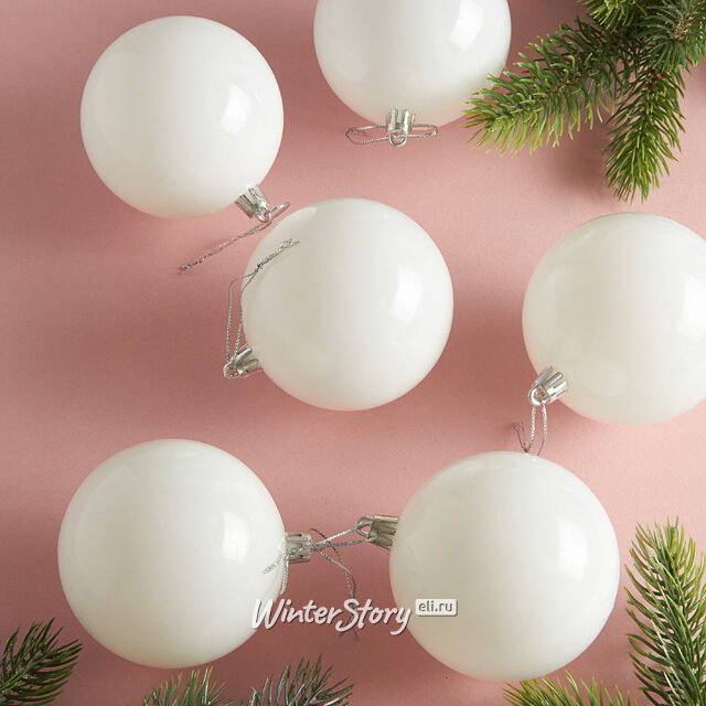 Набор пластиковых шаров Liberty 8 см, 6 шт, белый глянцевый Winter Deco