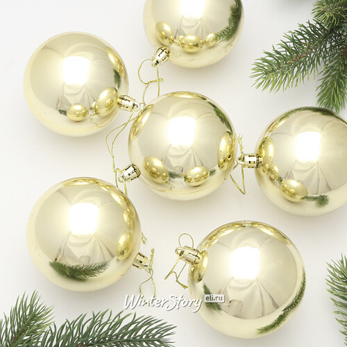 Набор пластиковых шаров Liberty 8 см, 6 шт, светло-золотой глянцевый Winter Deco