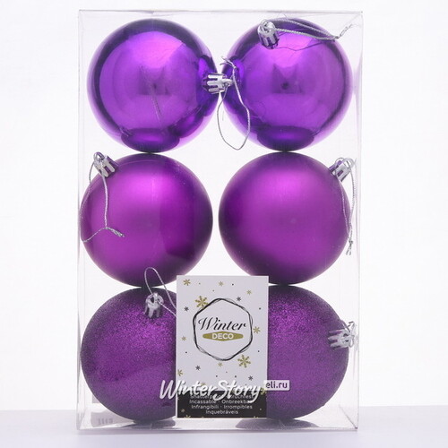 Набор пластиковых шаров Liberty Twist 8 см, 6 шт, фиолетовый Winter Deco