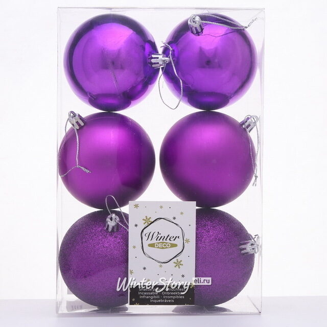 Набор пластиковых шаров Либерти Твист 8 см, 6 шт, фиолетовый Winter Deco