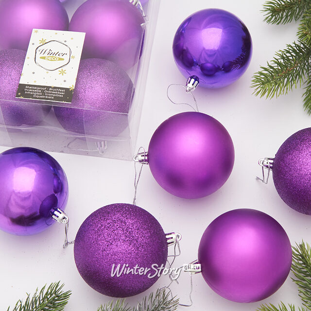 Набор пластиковых шаров Либерти Твист 8 см, 6 шт, фиолетовый Winter Deco