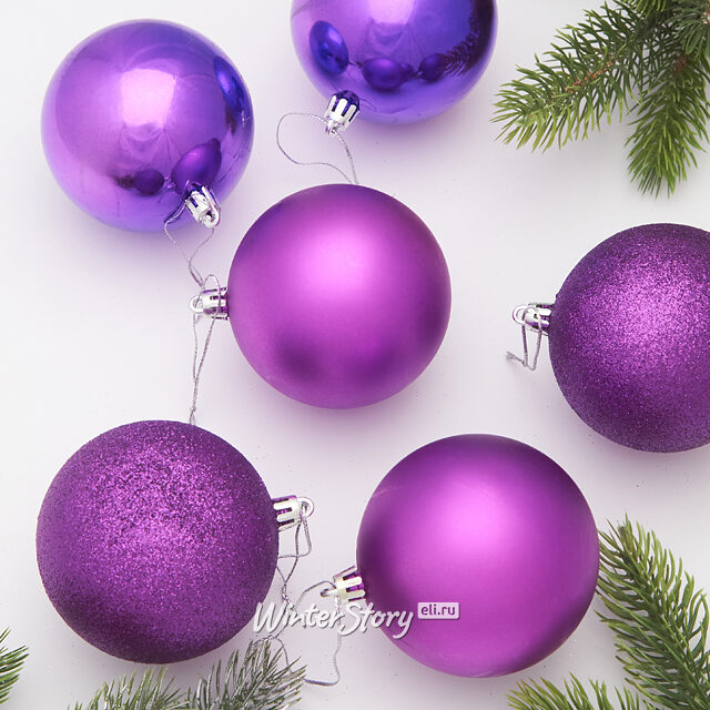 Набор пластиковых шаров Либерти Твист 8 см, 6 шт, фиолетовый Winter Deco