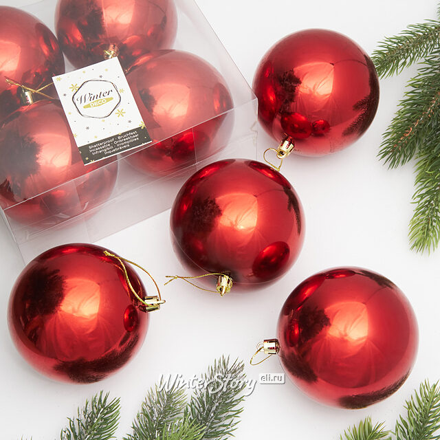 Набор пластиковых шаров Либерти 10 см, 4 шт, красный глянцевый Winter Deco
