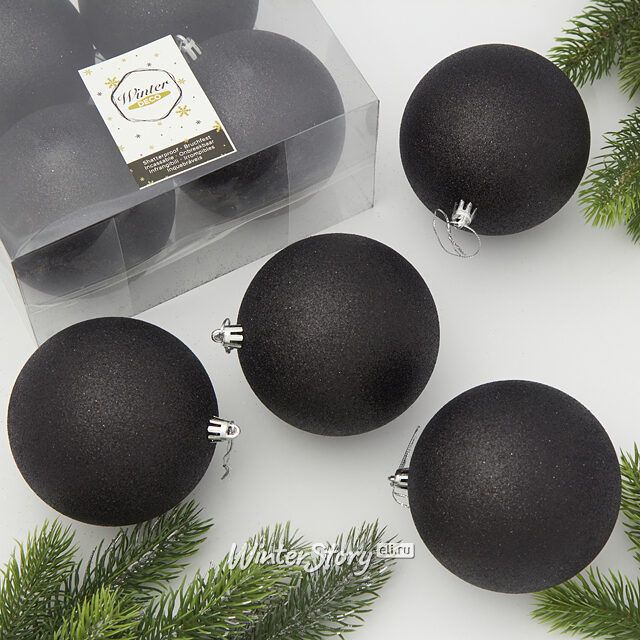 Набор пластиковых шаров Либерти 10 см, 4 шт, черный с блестками Winter Deco