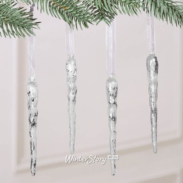 Набор елочных игрушек Сосульки Liquid Precious 10 см, серебряные, 4 шт Winter Deco